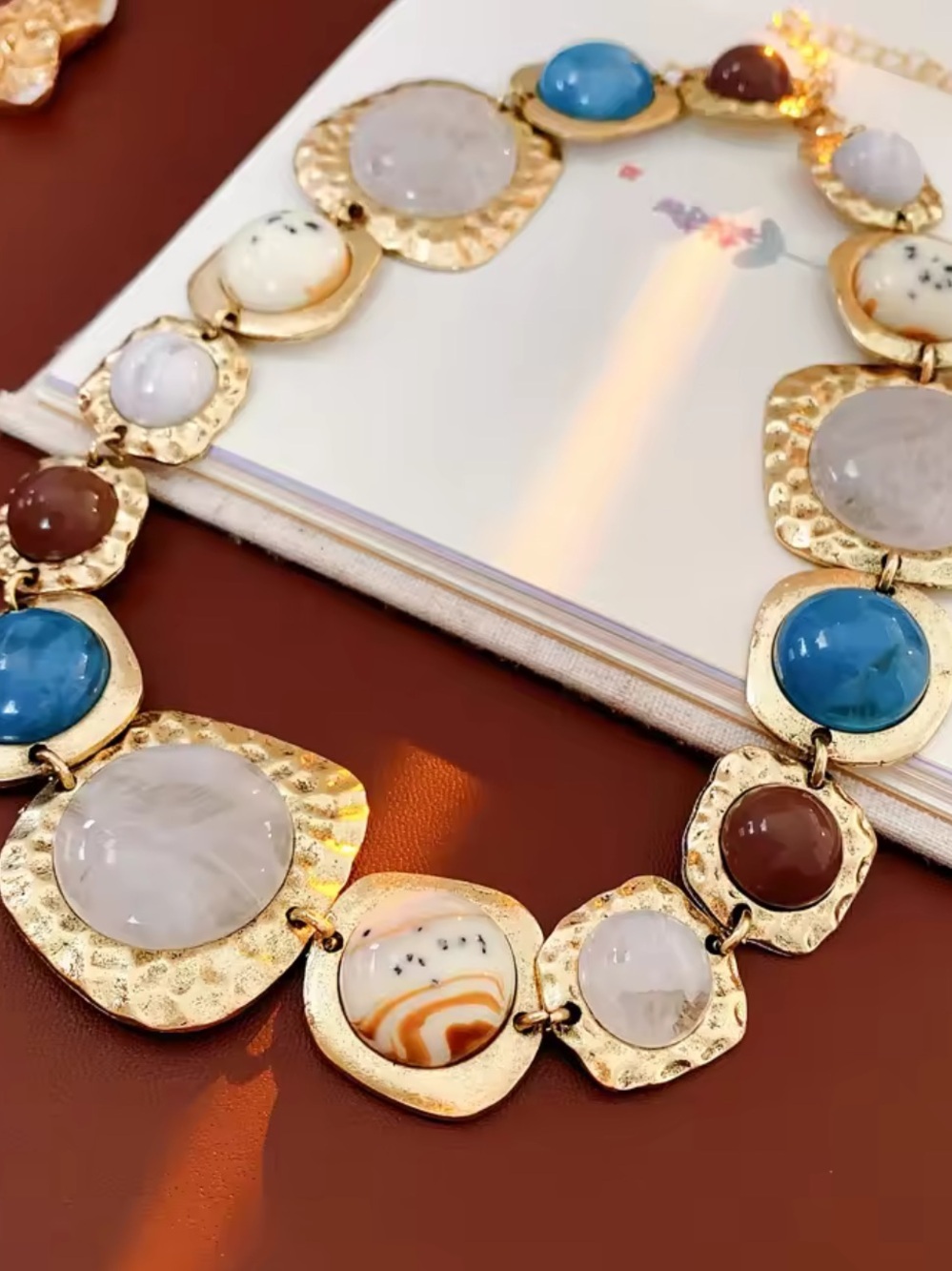 Zara Gold-Tone Necklace with Blue, White & Brown Cabochons